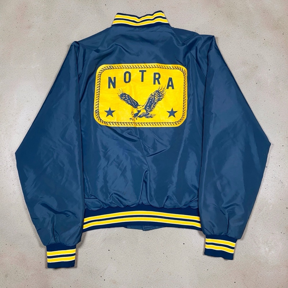 Vintage 80s Pla-Jac NOTRA Jacket Mens L Blue USA Made Snap Front Varsity Nylon